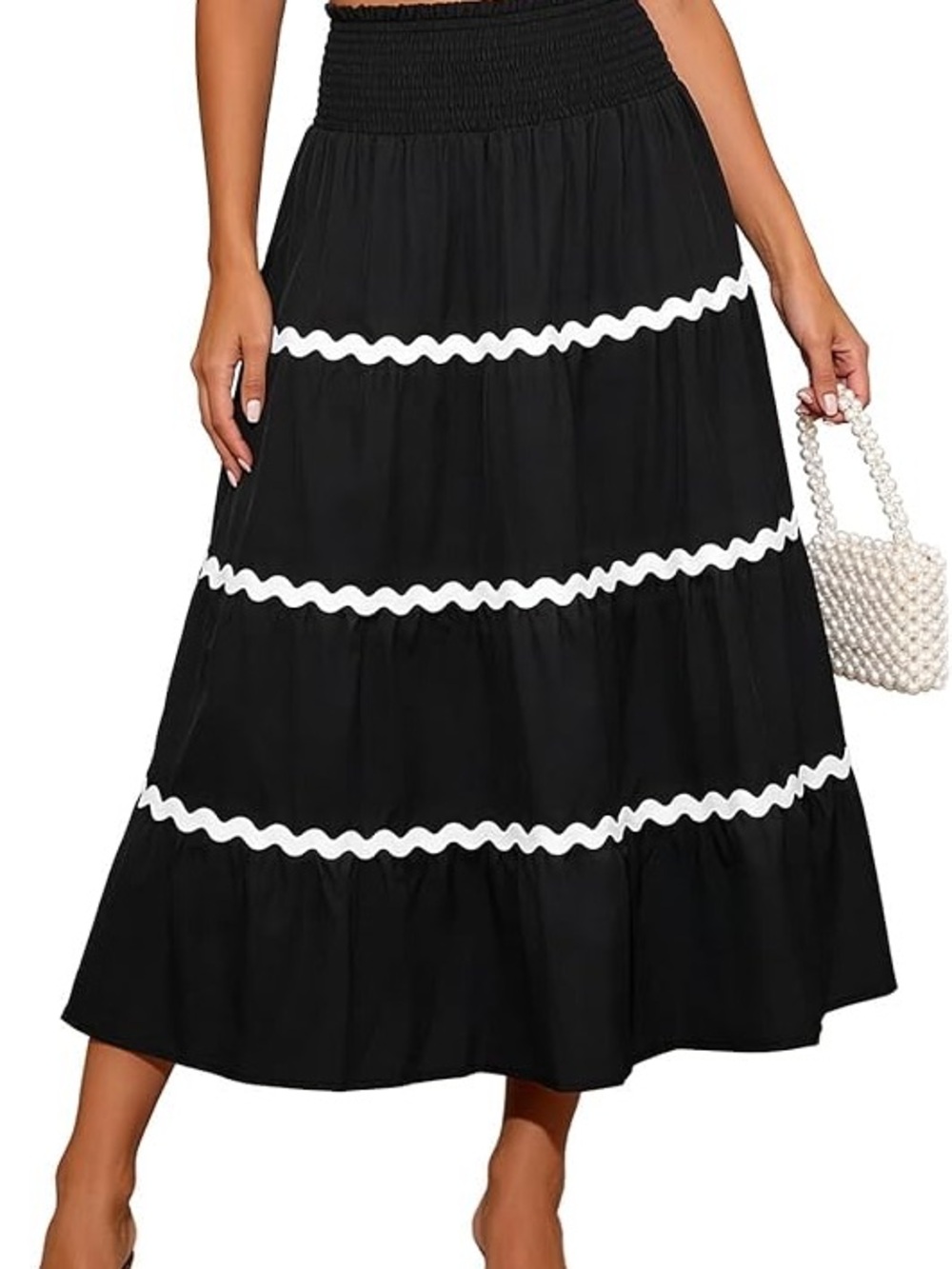 Black Maxi Skirt with White Wave Trim NWT